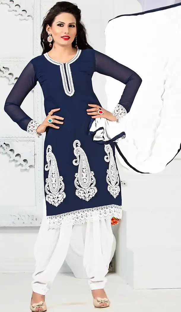 Georgette Navy Blue Color Patiyala Punjabi Dress | FH483574543