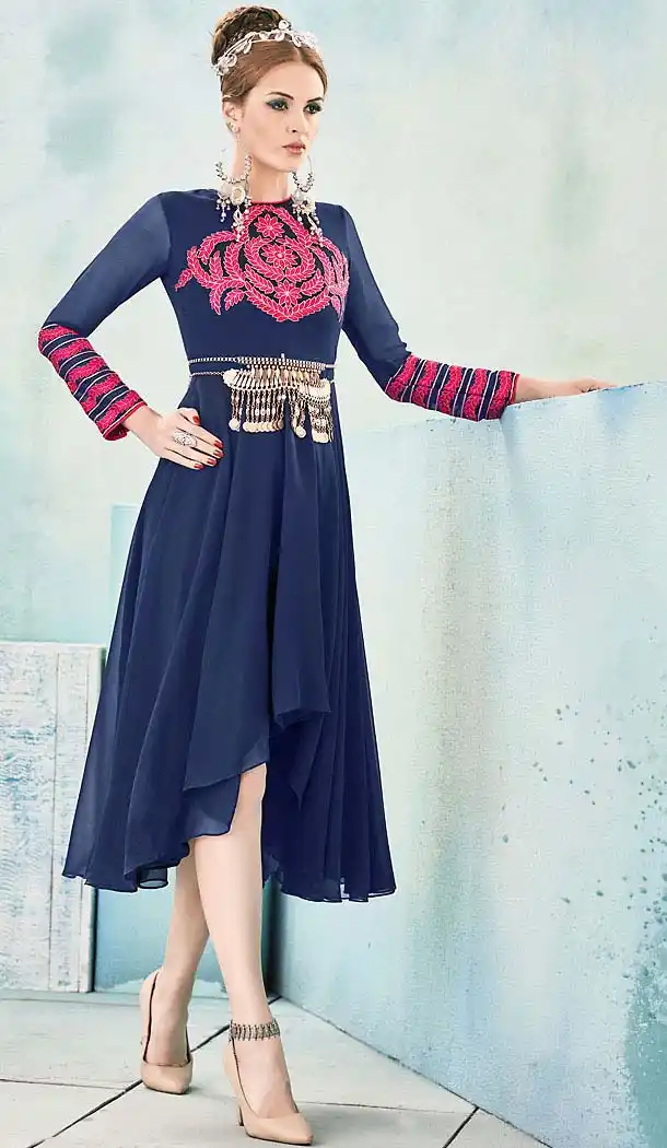 Navy Blue Color Georgette Indo Western Tops Tunics | FH483874573