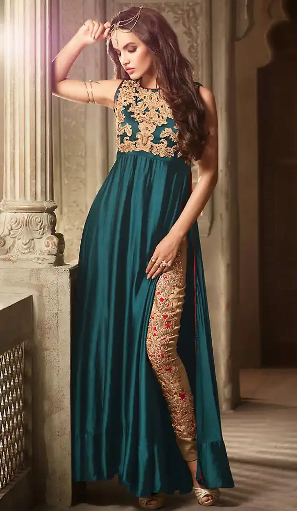 Greenish Blue Color Satin Achkan Style Salwar Kameez | FH484874672