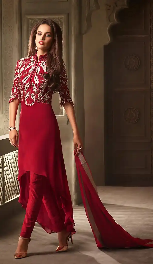 Deep Scarlet Color Georgette Wrap Style Salwar Kameez | FH484874673