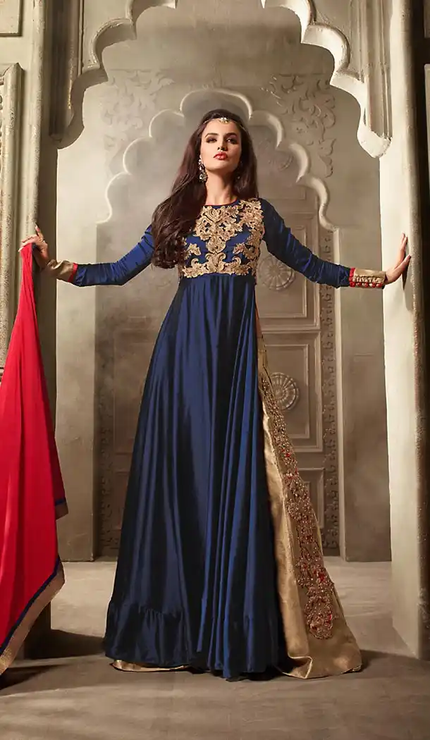 Navy Blue Color Pure Silk Achkan Style Salwar Kameez | FH484874675