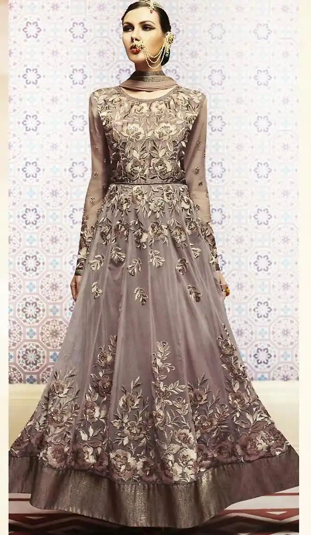 Tan Brown Color Net Anarkali Style Churidar Kameez | FH484974677