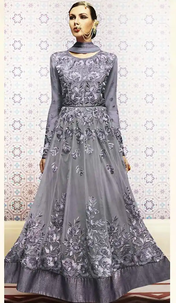 Slate Grey Color Net Anarkali Style Churidar Kameez | FH484974678