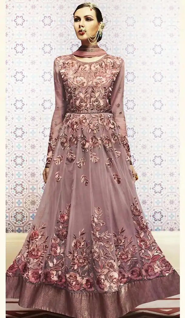 Brown Color Net Anarkali Style Churidar Kameez | FH484974679