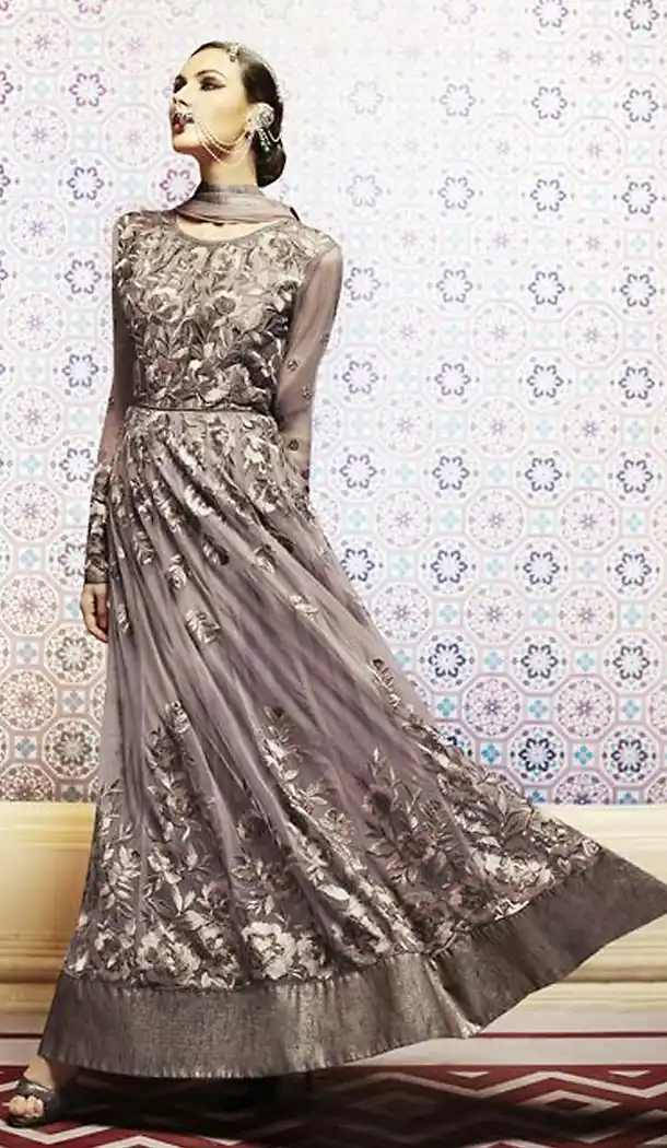 Brown Color Net Anarkali Style Churidar Kameez | FH484974680