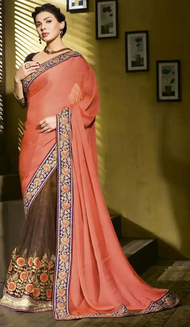 Salmon Color Chiffon Traditional Wear Sari | FH485174692