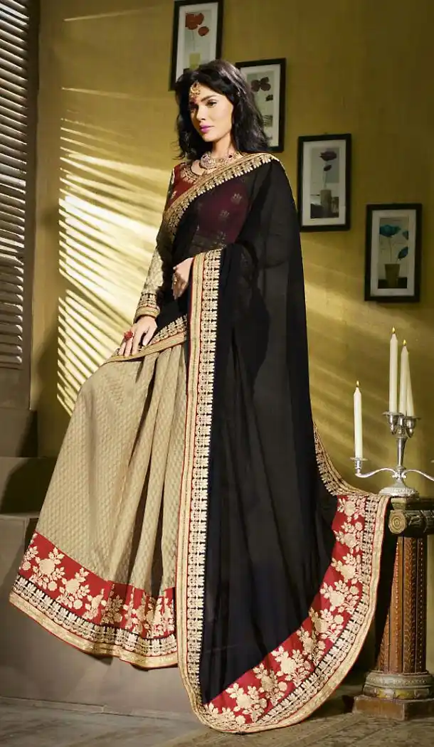 Black Color Georgette and Net Traditional Wear Sari | FH485174695