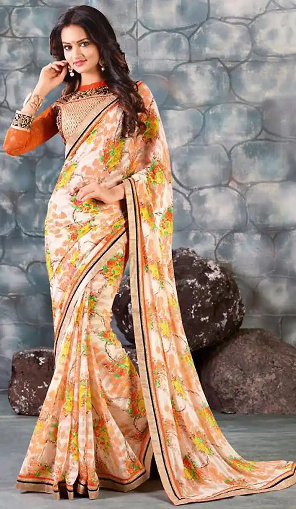 White Color Georgette Graphic Print Saree | FH485374712