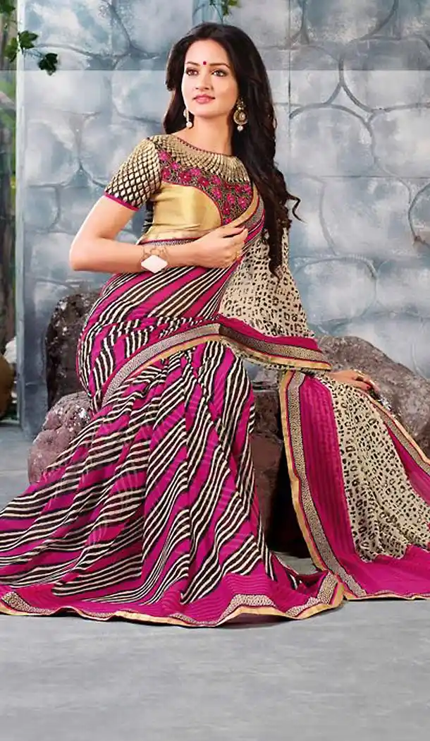 Deep Pink Color Georgette Graphic Print Saree | FH485374713