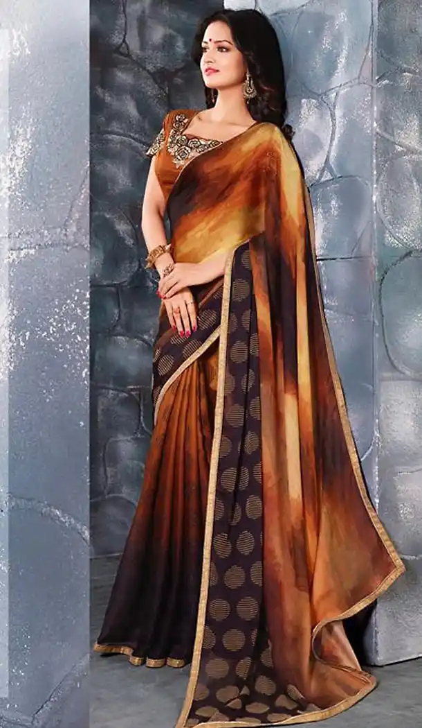 Chocolate Color Georgette Graphic Print Saree | FH485374720