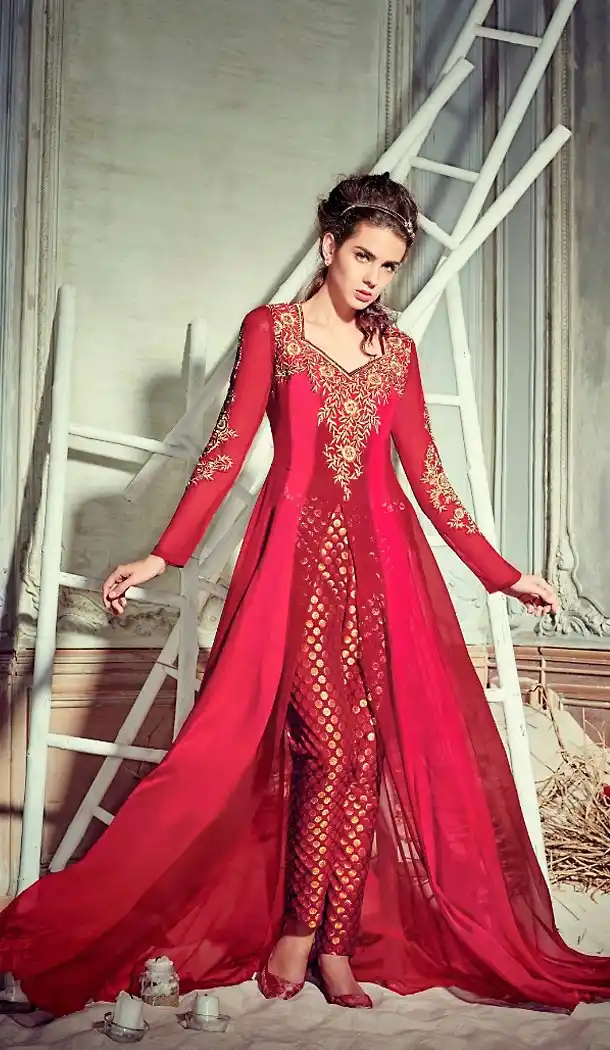 Deep Scarlet Color Georgette Achkan Style Salwar Kameez | FH485474728