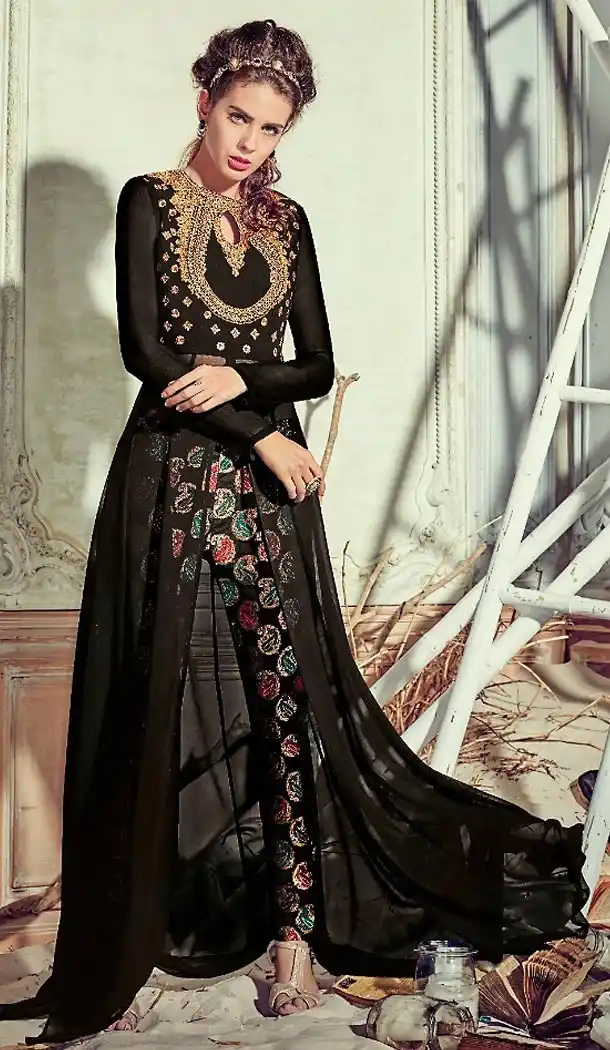 Black Color Georgette Achkan Style Salwar Kameez | FH485474730