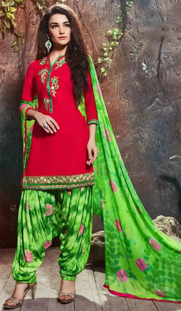 Cotton Deep Scarlet Color Deaily Wear Patiyala Punjabi Dress | FH485574737