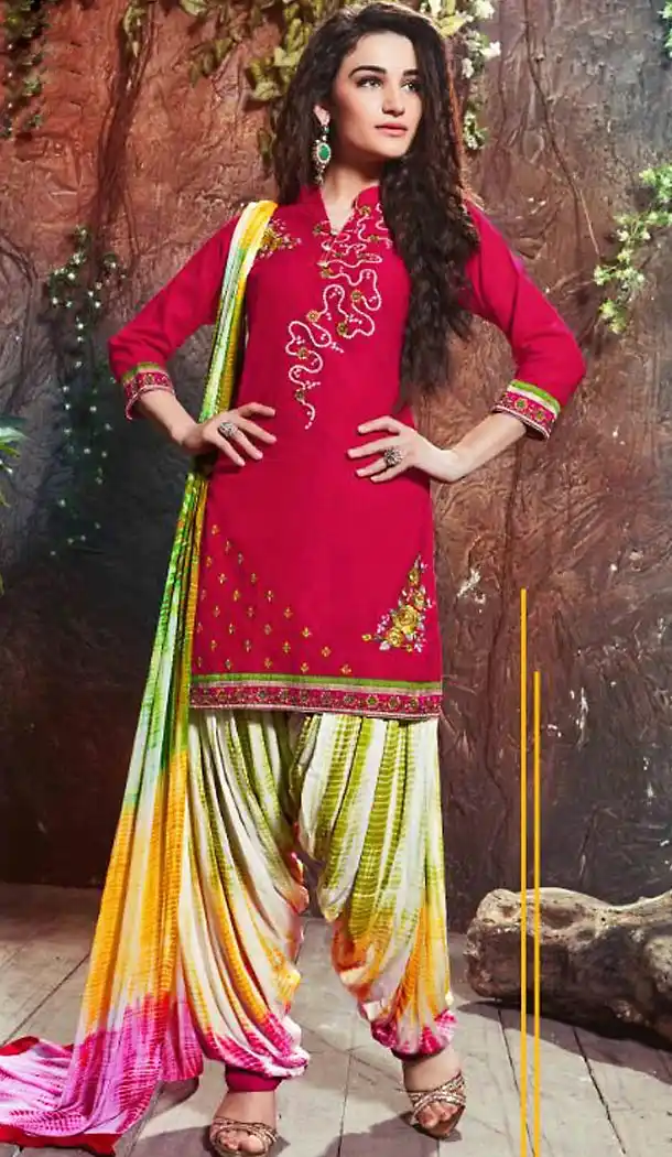 Cotton Deep Scarlet Color Deaily Wear Patiyala Punjabi Dress | FH485574739