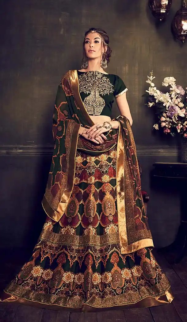 Olive Green Color Silk Printed Traditional Lehenga | FH485674761