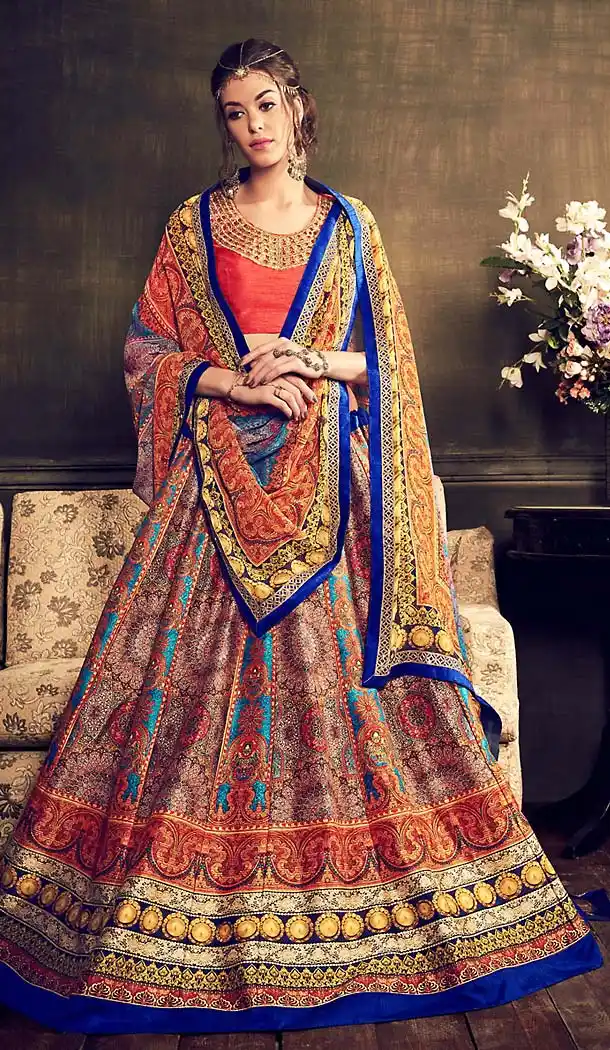 Deep Orange Color Silk Printed Traditional Lehenga | FH485674763