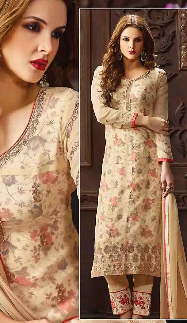 Beige Color Jacquard Party Wear Salwar Kameez | FH485774744