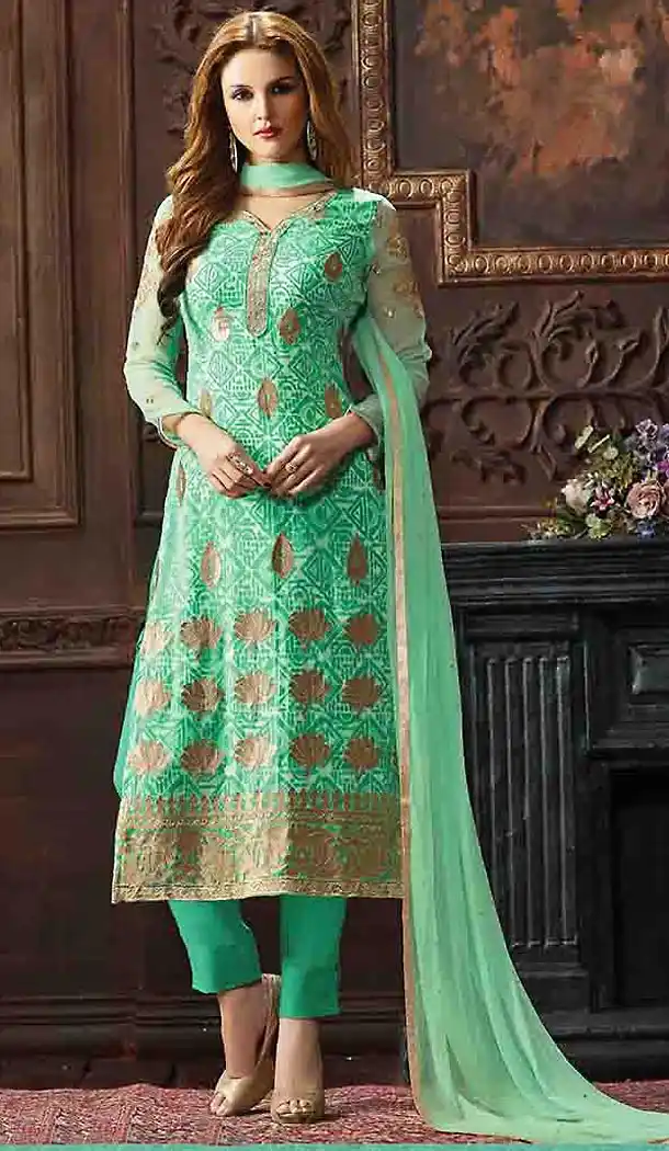 Turquoise Color Jacquard Straight Cut Party Wear Salwar Kameez | FH485774745