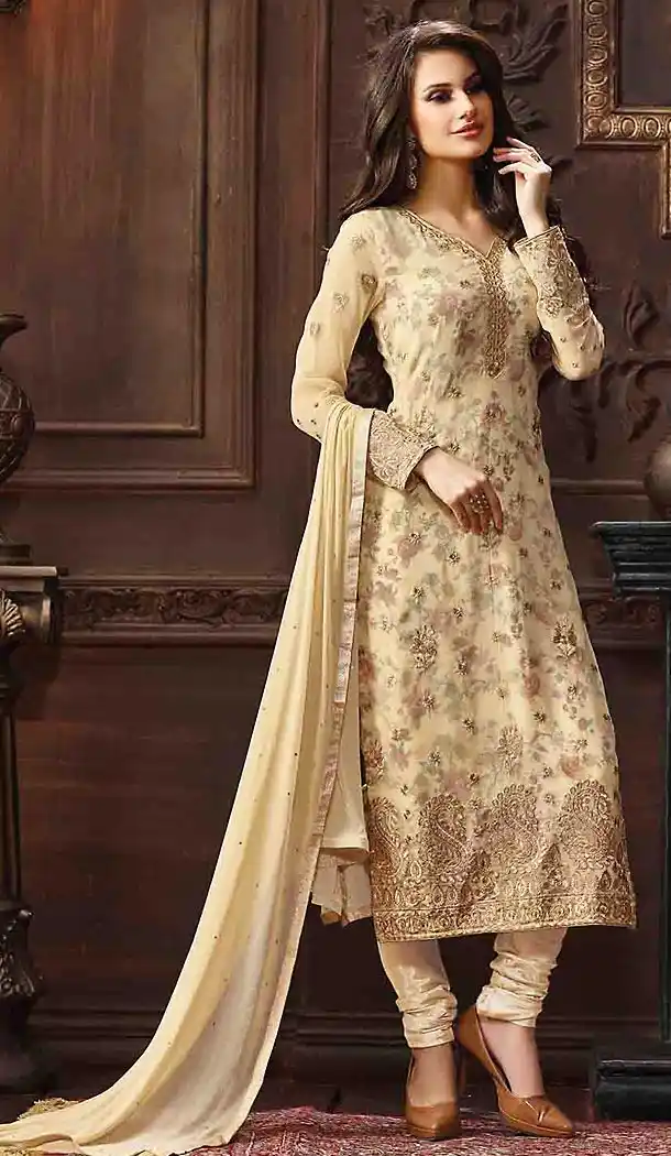 Beige Color Jacquard Straight Cut Party Wear Salwar Kameez | FH485774747