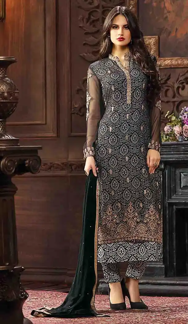 Black Color Jacquard Straight Cut Party Wear Salwar Kameez | FH485774750