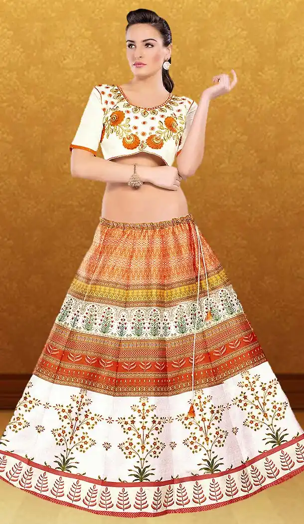 Silk Fabric White Color Printed Lehenga Choli | FH485974768
