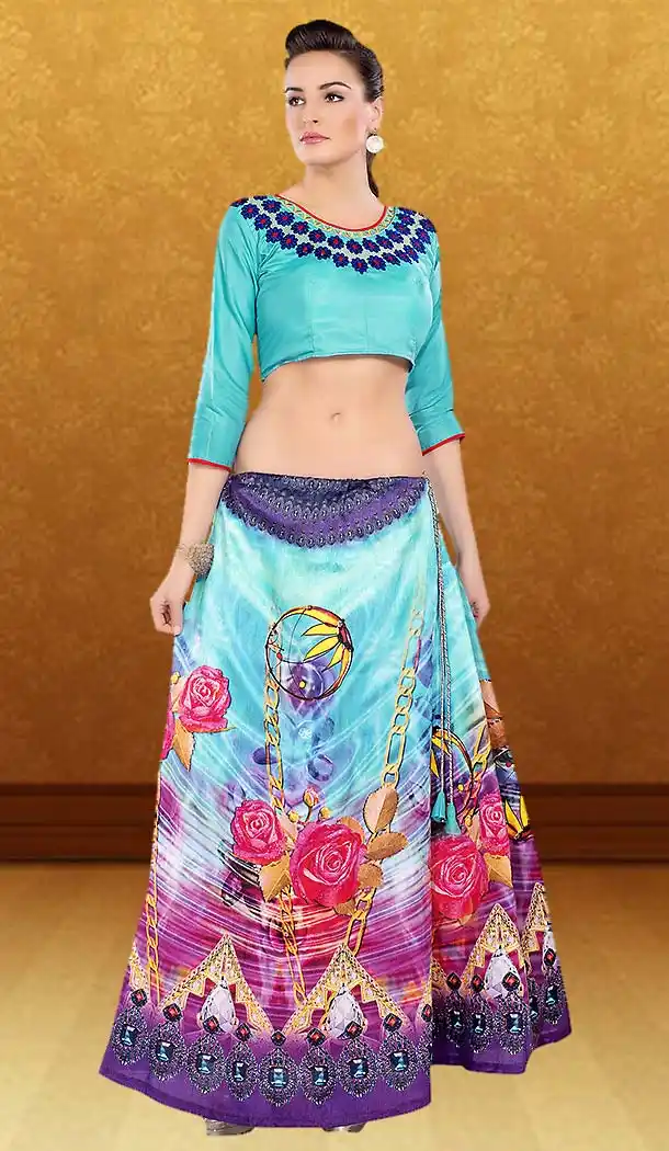Silk Fabric Turquoise Color Printed Lehenga Choli | FH485974770