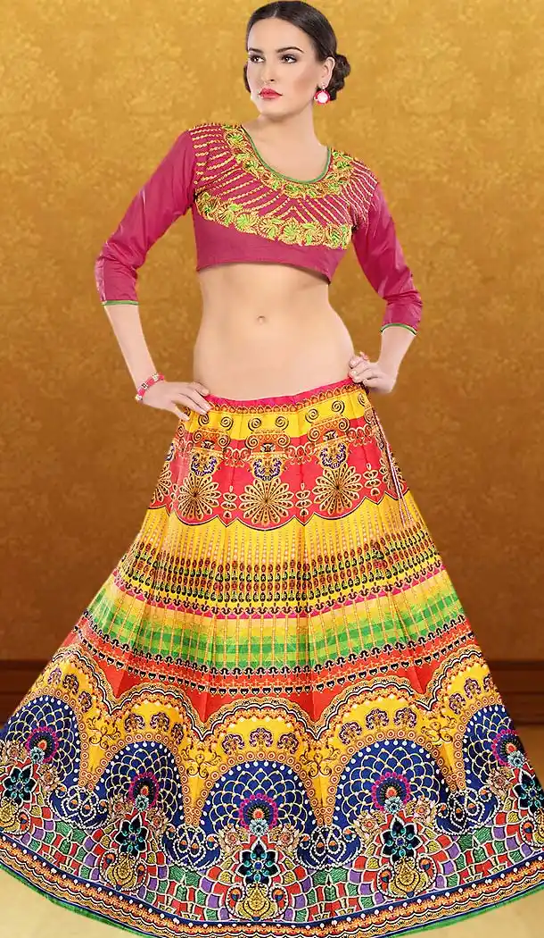 Silk Fabric Yellow Color Printed Lehenga Choli | FH485974774