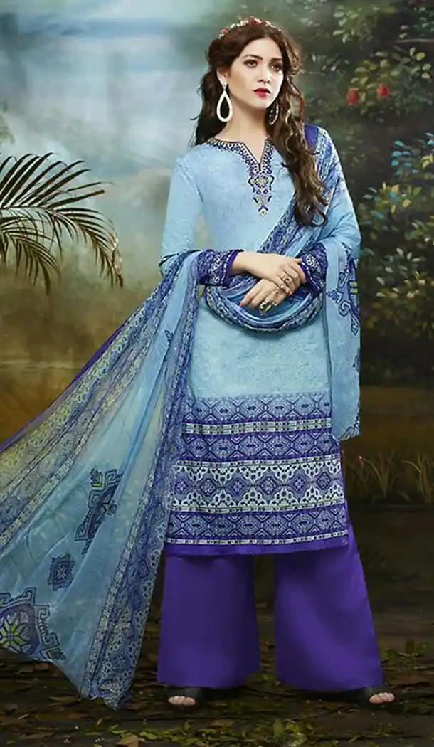 Sky Blue Color Cotton Straight Cut Casual Palazzo Suit | FH486074779