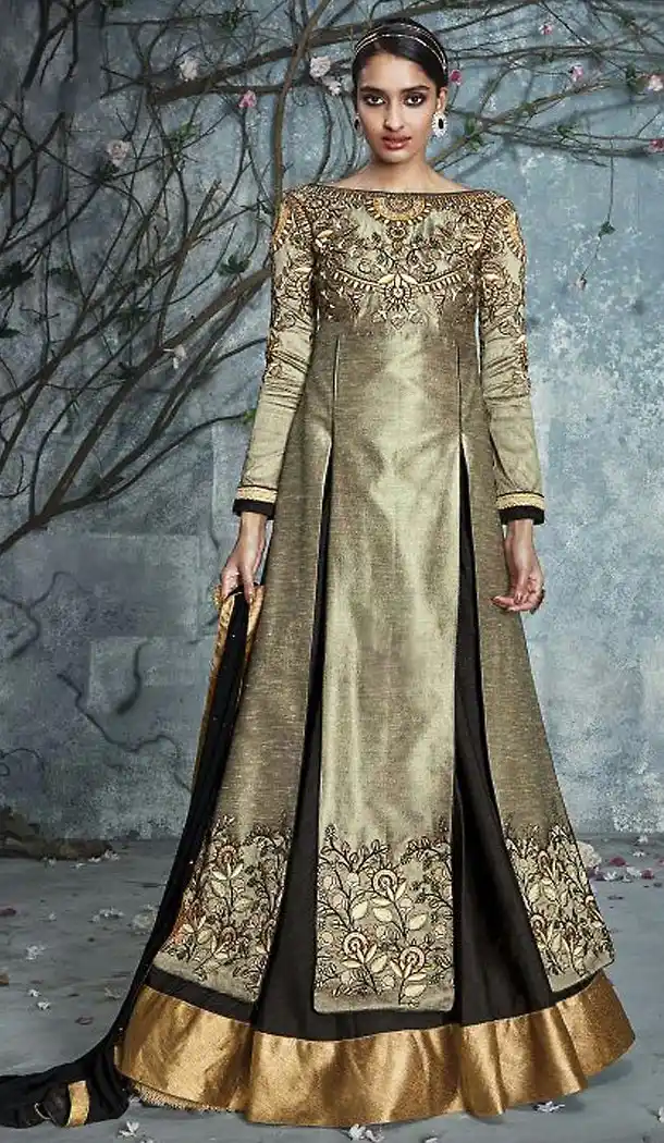 Tan Brown Color Pure Silk Pakistani Long Salar Kameez | FH486174786