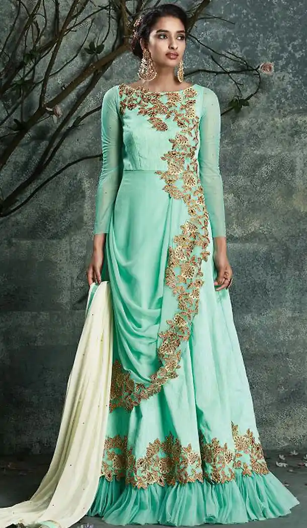 Turquoise Color Pure Silk Pakistani Long Salar Kameez | FH486174789
