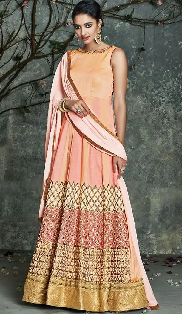 Salmon Color Pure Silk Pakistani Long Salar Kameez | FH486174790