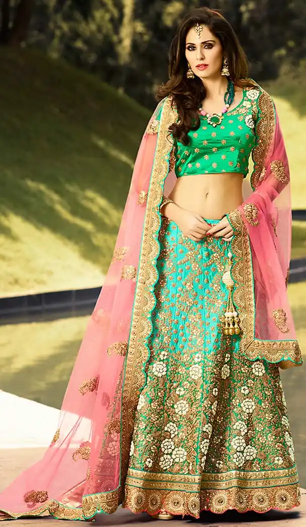 Turquoise Color Net & Satin Wedding Lehenga Choli | FH486374799