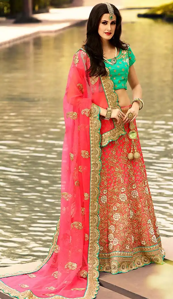 Salmon Color Art Silk A Line Style Wedding Lehenga Choli | FH486374803