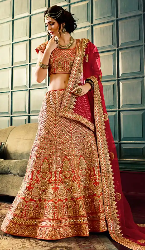 Deep Orange Color Art Silk A Line Style Wedding Lehenga Choli | FH486374805