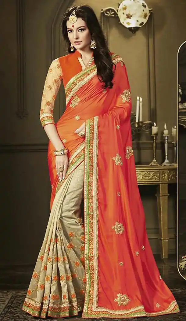 Deep Orange Color Georgette Traditional Embroidered Saris Blouse | FH487074867