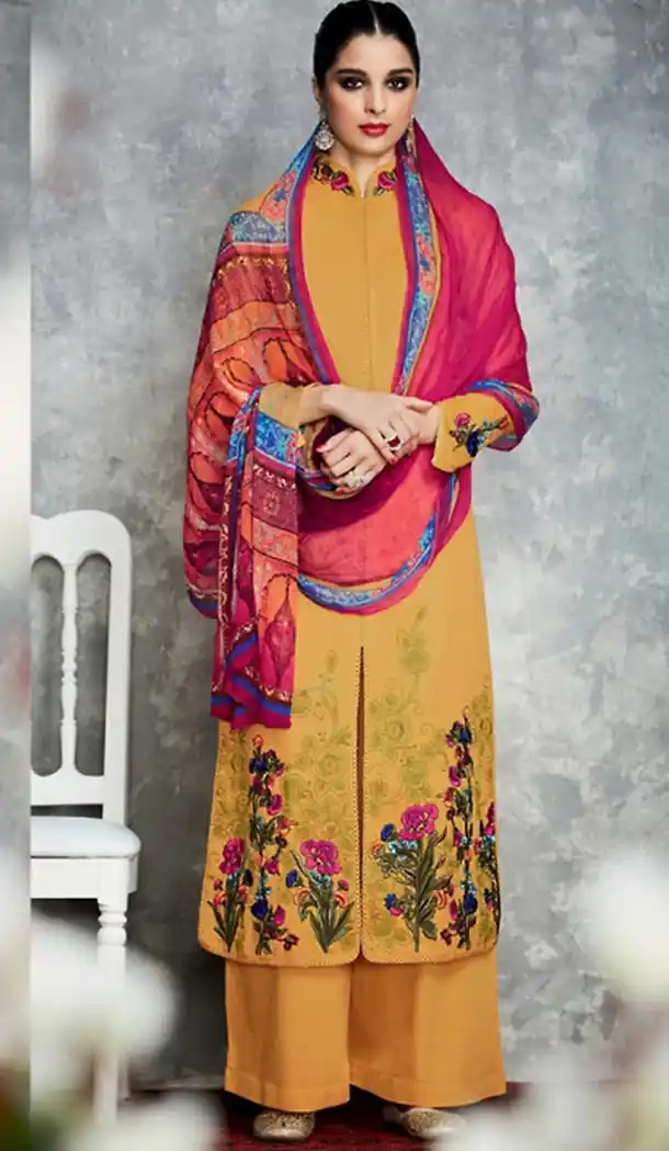 Butter Scotch Color Cotton Achkan Style Palazzo Kameez | FH487574951
