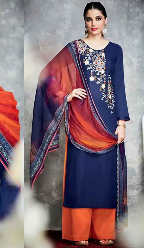 Navy Blue Color Cotton Angrakha Style Palazzo Kameez | FH487574953
