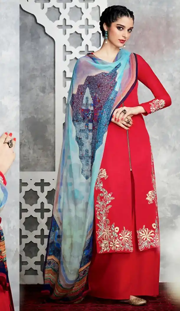 Deep Scarlet Color Cotton Achkan Style Palazzo Kameez | FH487574958