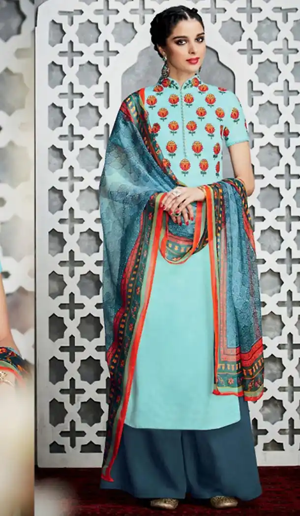 Light Turquoise Color Cotton Straight Cut Style Palazzo Kameez | FH487574964