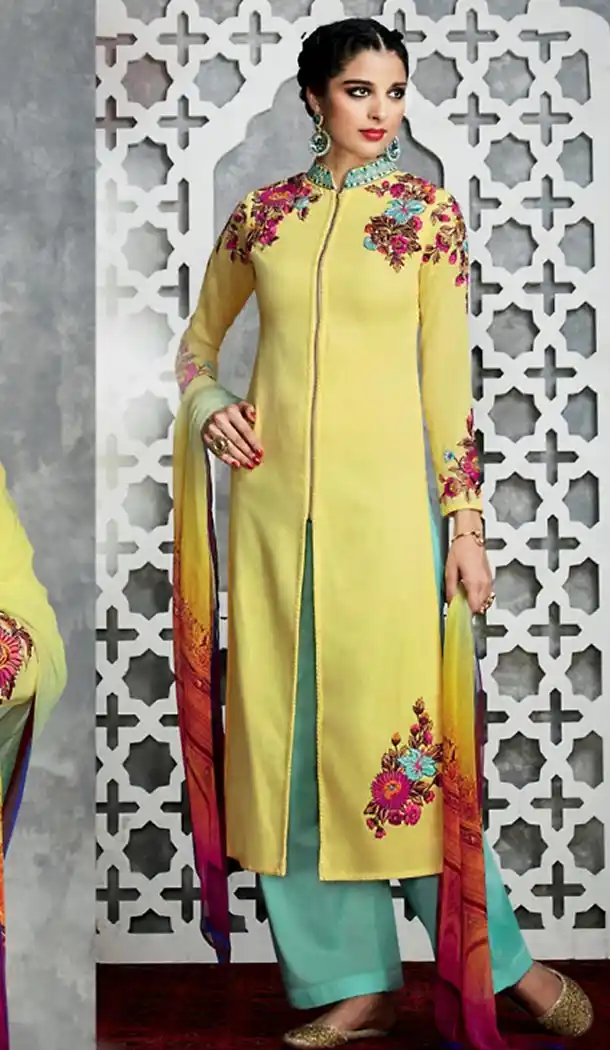 Yellow Color Cotton Achkan Style Palazzo Kameez | FH487574965
