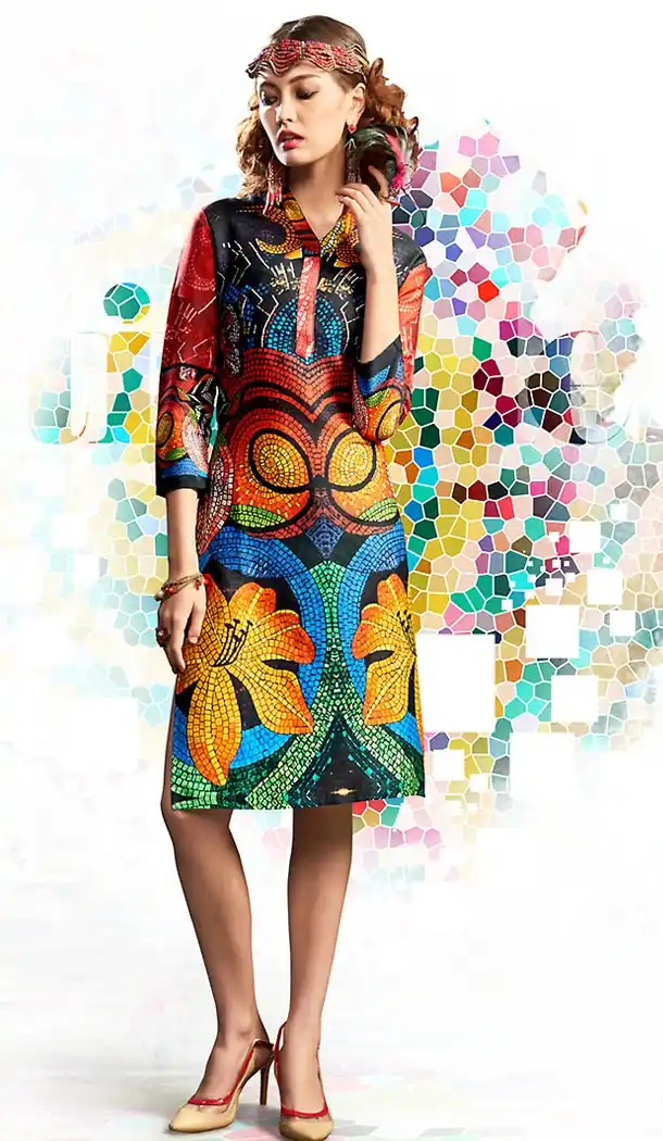 Multiple Color Cotton and Satin Geometric Print Readymade Kurtis | FH487774973