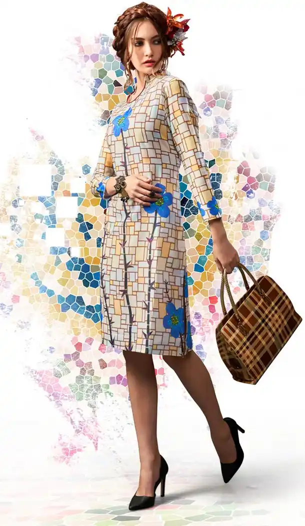 Off White Color Cotton and Satin Geometric Print Readymade Kurtis | FH487774975