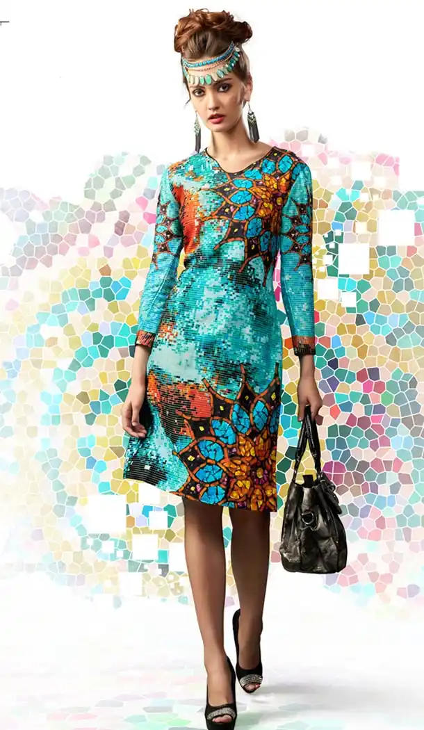 Turquoise Color Cotton and Satin Geometric Print Readymade Kurtis | FH487774978