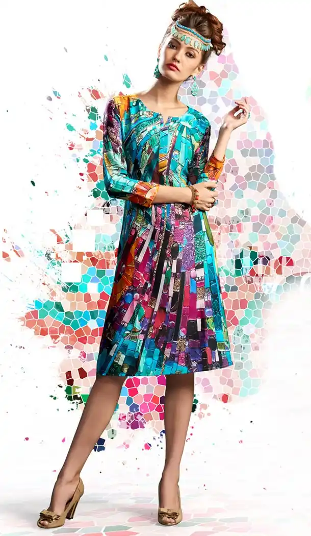 Satin Fabric Multiple Color Geometric Print Readymade Kurtis | FH487774980