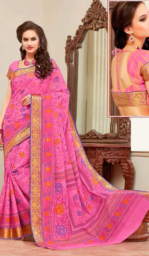 Pink Color Cotton Printed Pallu Deaily Wear Saree | FH488375028