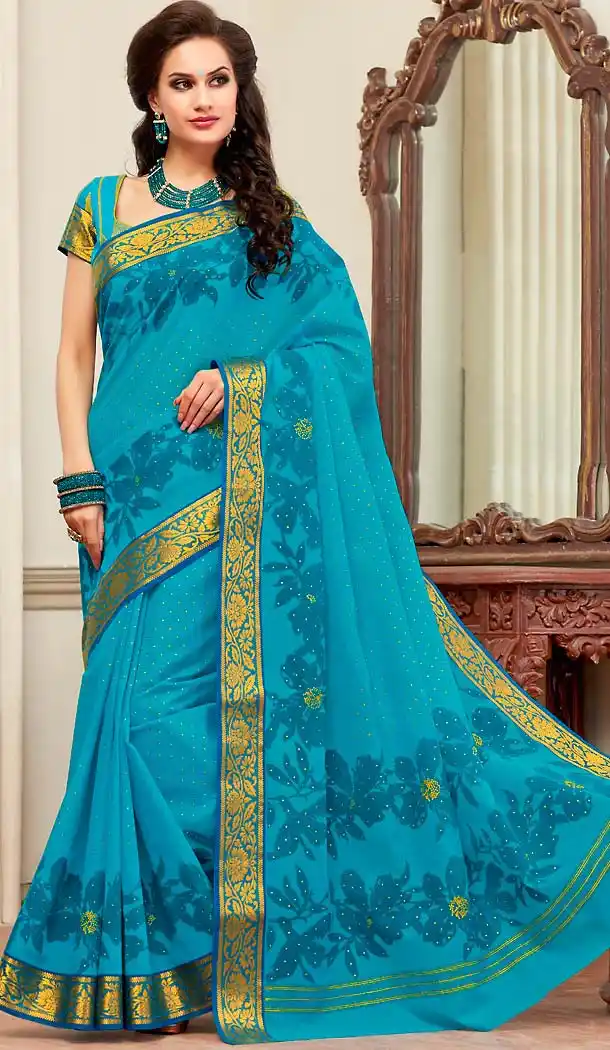 Teal Blue Color Cotton Printed Pallu Deaily Wear Saree | FH488375029