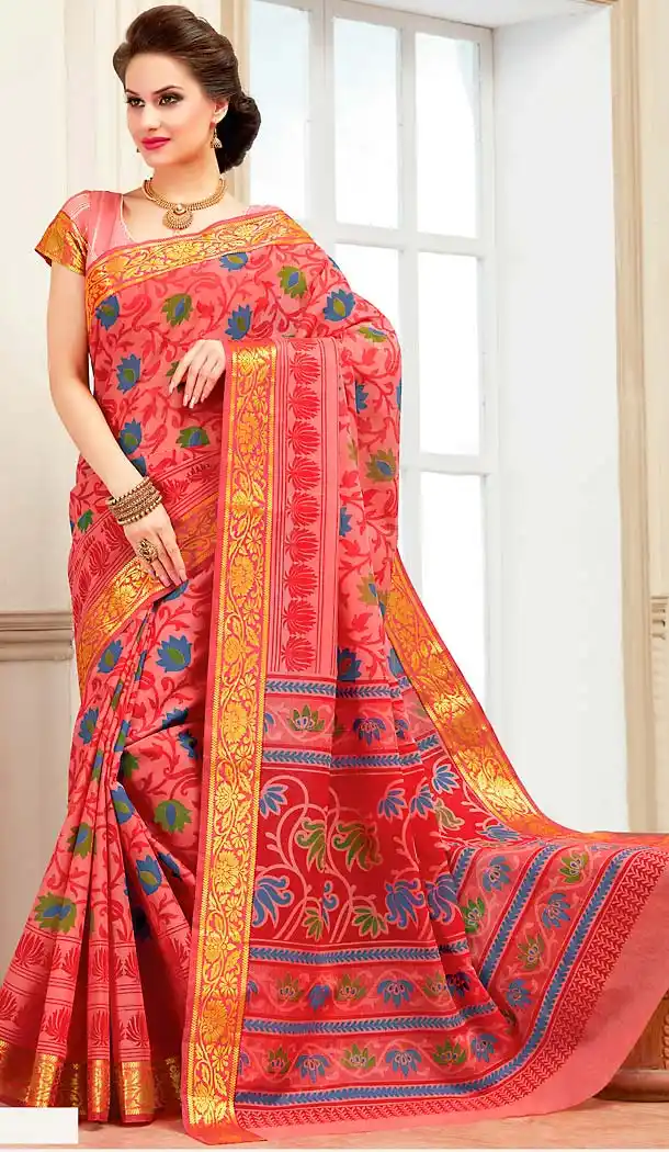 Salmon Color Cotton Printed Pallu Deaily Wear Saree | FH488375030