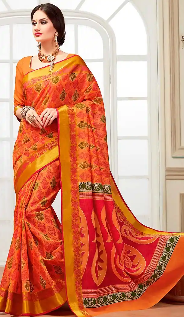 Orange Color Cotton Printed Pallu Deaily Wear Saree | FH488375032