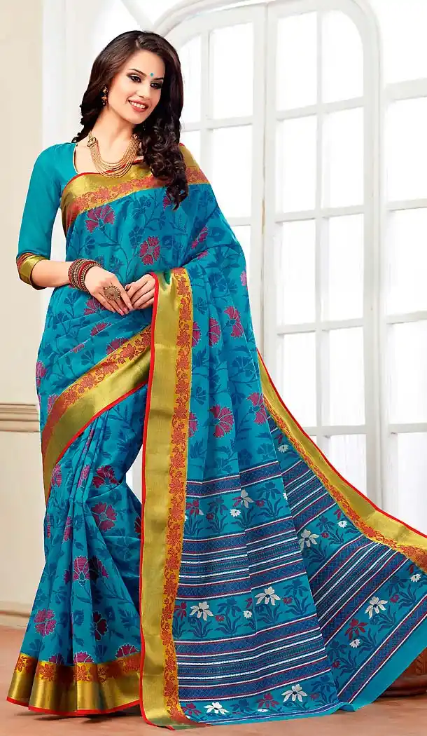 Blue Color Cotton Printed Pallu Deaily Wear Saree | FH488375033