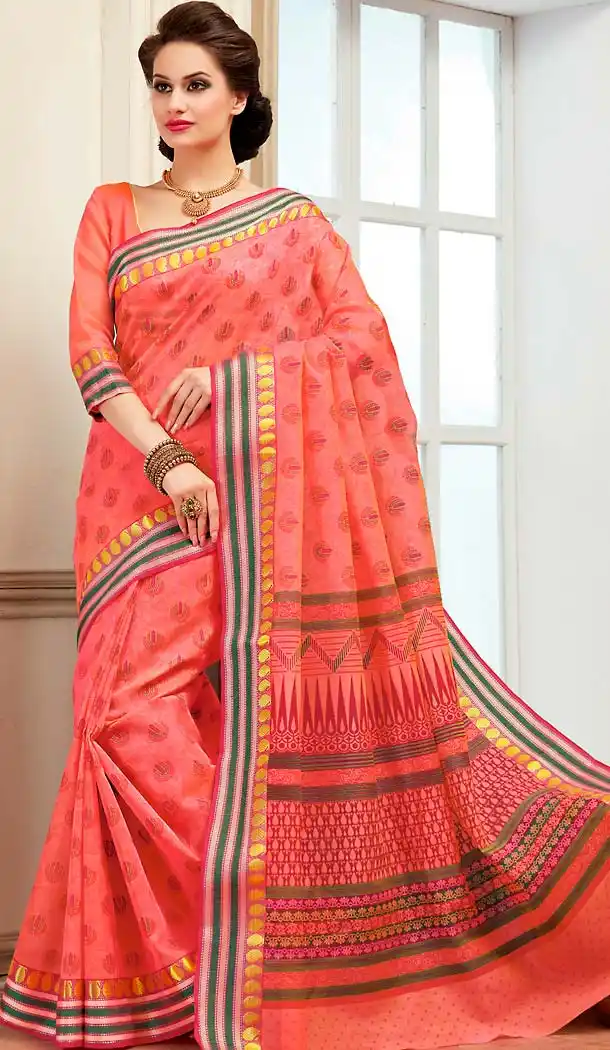 Salmon Color Cotton Printed Pallu Deaily Wear Saree | FH488375035